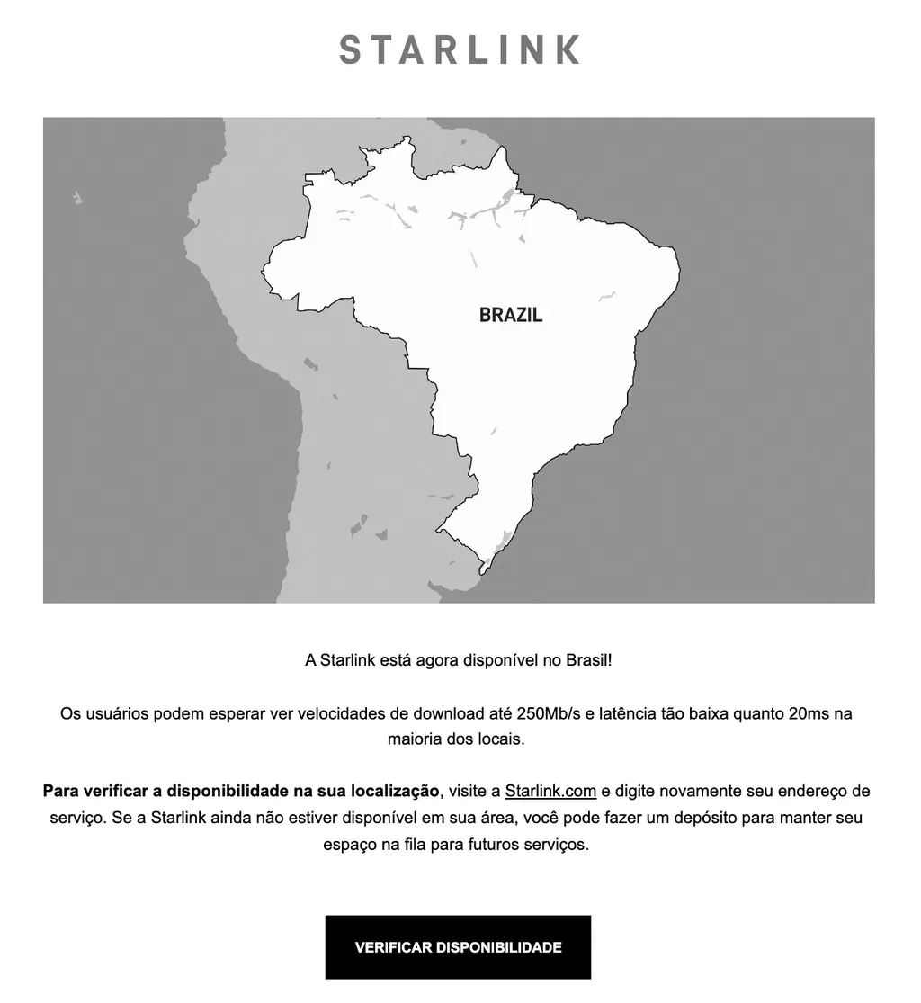 E-mail recebido pelo Canaltech informando a chegada da Starlink no Brasil (Imagem: Captura de tela/Canaltech)