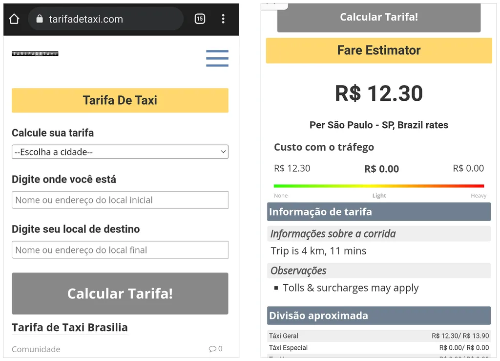 Calcule o preço do táxi pelo site (Captura de tela: André Magalhães)