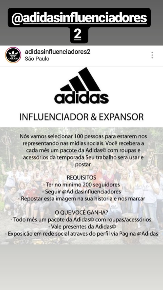 Perfil fake anunciava recrutamento de influenciadores da Adidas pelo Instagram; empresa negou a veracidade da promoção