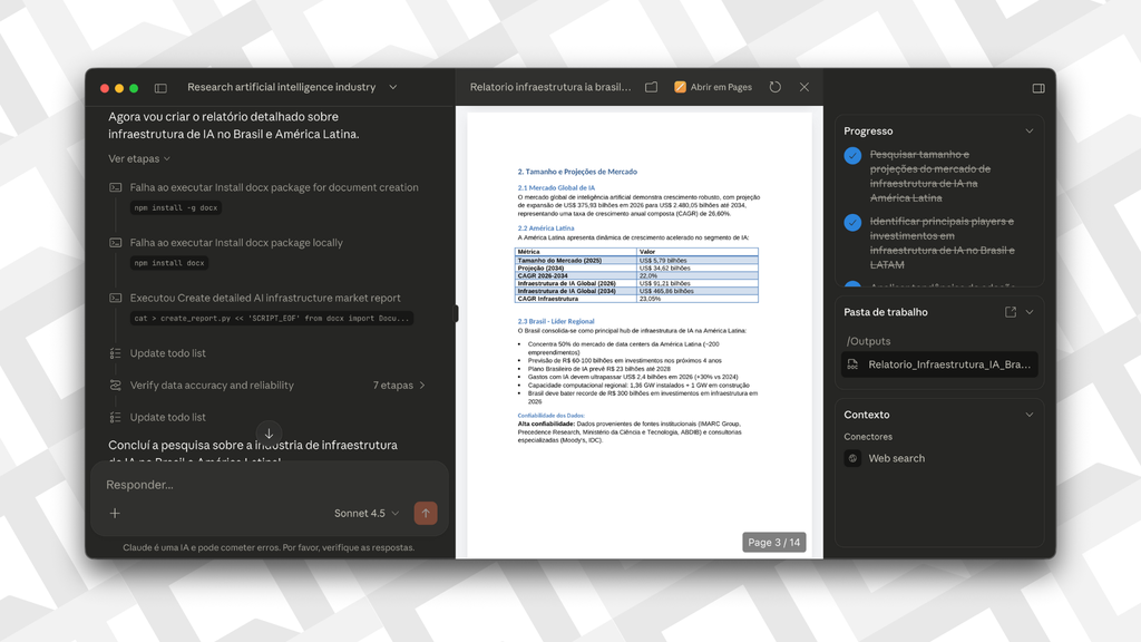 Após envio de comando, agente de IA do Claude cria relatório completo (Imagem: Captura de tela/Bruno De Blasi/Canaltech)