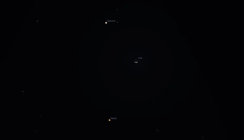 Lua, Saturno e Marte formarão um triângulo no céu no final da madrugada do dia 26 de abril (Imagem: Reprodução/Stellarium)
