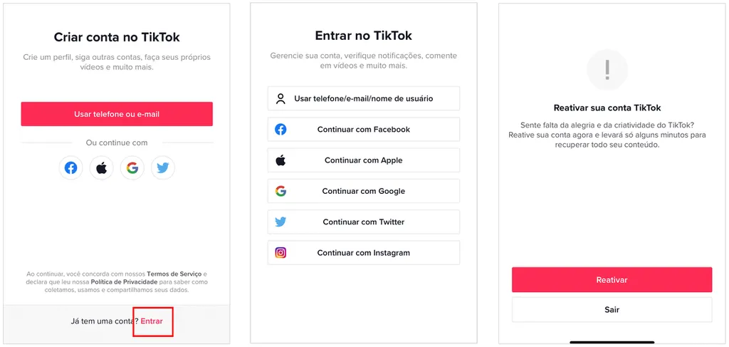 Faça login no TikTok para reativar sua conta (Captura de tela: André Magalhães)