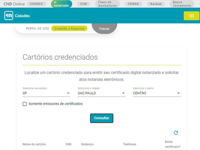 Consulte quais cartórios podem reconhecer firma online através da plataforma e-Notariado (Captura de tela: Matheus Bigogno)