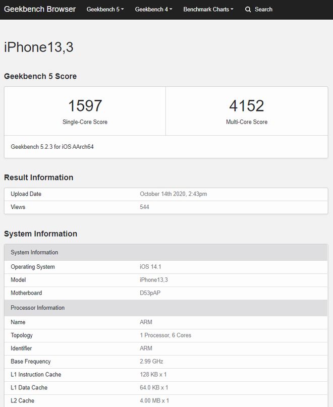 Teste de benchmark do iPhone 12 Pro, chamado de iPhone 13,3 no GeekBench (Imagem: Reprodução/GeekBench)