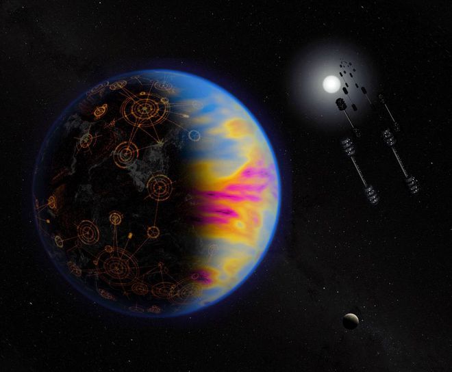Ilustração de um exoplaneta tecnologicamente avançado, com cores exageradas que representam a poluição atmosférica (Imagem: Reprodução/Reprodução/NASA/Jay Freidlander)