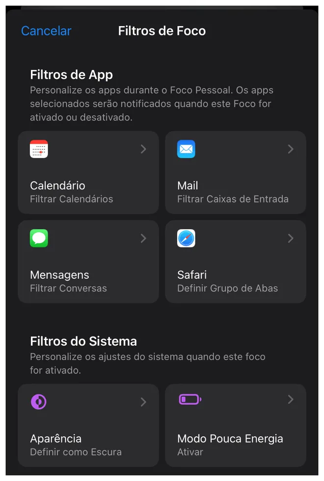 Escolha um filtro de foco para personalizar a interação com o iPhone no iOS 16 (Captura de tela: Thiago Furquim/Canaltech)