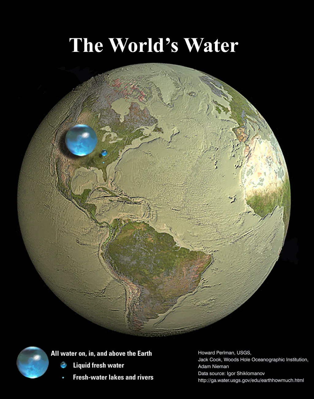 Reservas de água na Terra representadas por esferas (Imagem: Reprodução/Jack Cook, Adam Nieman, Woods Hole Oceanographic Institution; Data source: Igor Shiklomanov)