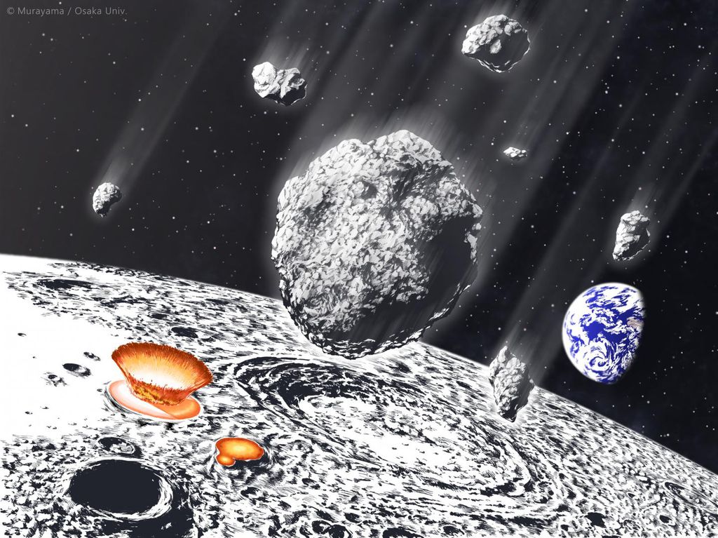 Arte imagina a chuva de asteroides atingindo a Lua e a Terra ao mesmo tempo (Imagem: Murayama/Osaka Univ)