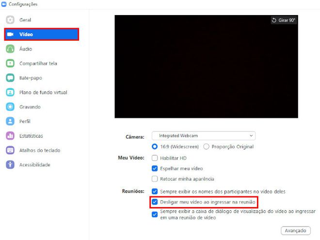 Abra a janela de "Configurações", selecione o item "Vídeo" para desligar a câmera (Captura de tela: Matheus Bigogno)