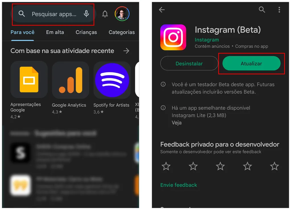 Instale a nova versão do Instagram pela Play Store (Imagem: Captura de tela/André Magalhães/Canaltech)