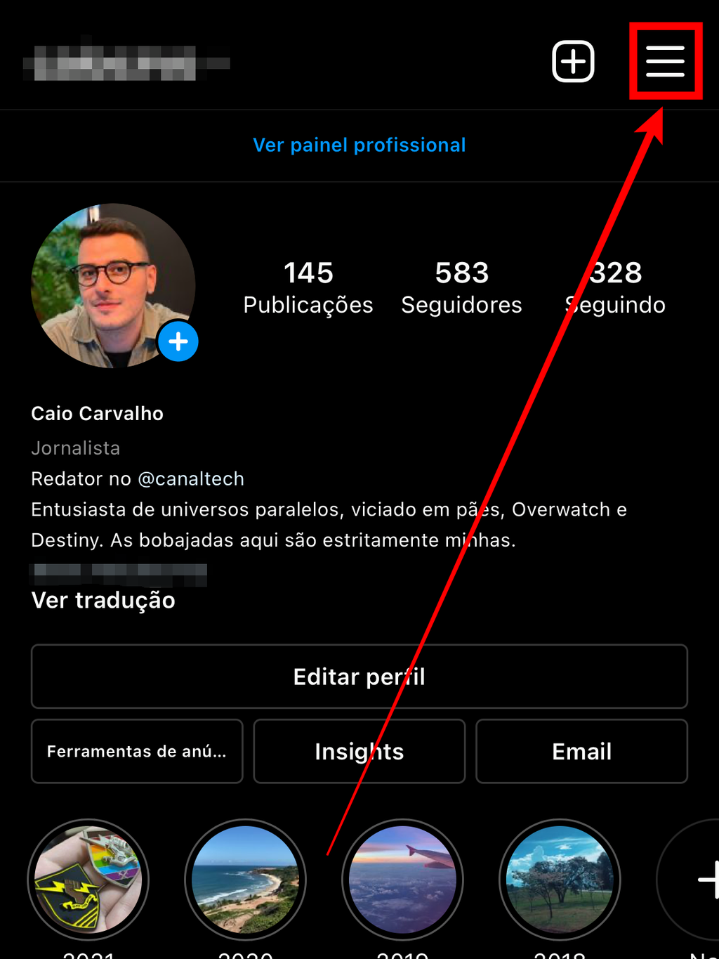 Mais uma vez, vamos acessar as configurações do seu perfil no Instagram (Captura de tela: Caio Carvalho/Canaltech)