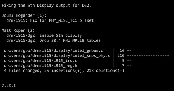 O update i915 cita explicitamente uma quinta conexão de vídeo para a GPU Intel DG2 (Imagem: Phoronix)