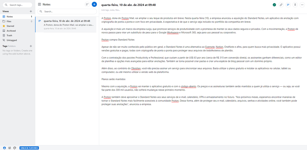 Captura de tela da versão web do Standard Notes (Imagem: Captura de tela/Bruno De Blasi/Canaltech)