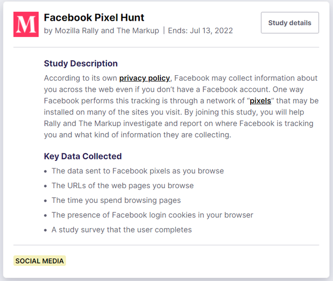 Pesquisa quer mensurar quais dados são coletados pelo pixel do Facebook (Imagem: Captura de tela/Canaltech)