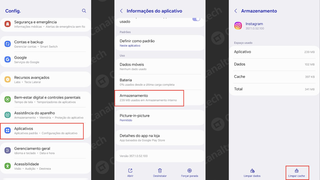 Capturas de tela com o procedimento para apagar o cache do Instagram no Android (Imagem: Captura de tela/Bruno De Blasi/Canaltech)