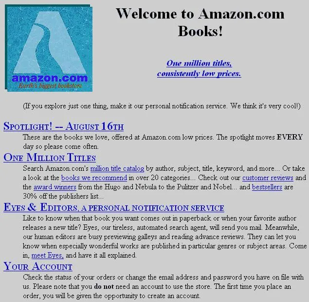 O primeiro site da Amazon sequer possuía imagens dos livros vendidos (Imagem: Reprodução/InternetArchive)