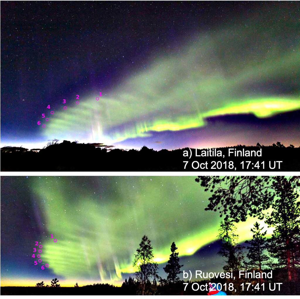 Auroras boreais em formato de dunas fotografadas em outubro de 2018 em diferentes regiões da Finlândia. As duas fotografias foram tiradas simultaneamente, e as dunas aparecem marcadas por círculos e números em magenta, se estendendo em direção ao horizonte (Foto: AGU Advances/Palmroth)