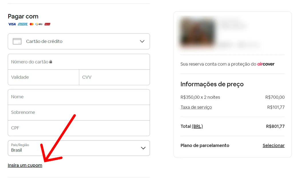 Insira um cupom para usar dois métodos de pagamento diferentes na mesma reserva do Airbnb (Captura de tela: André Magalhães)