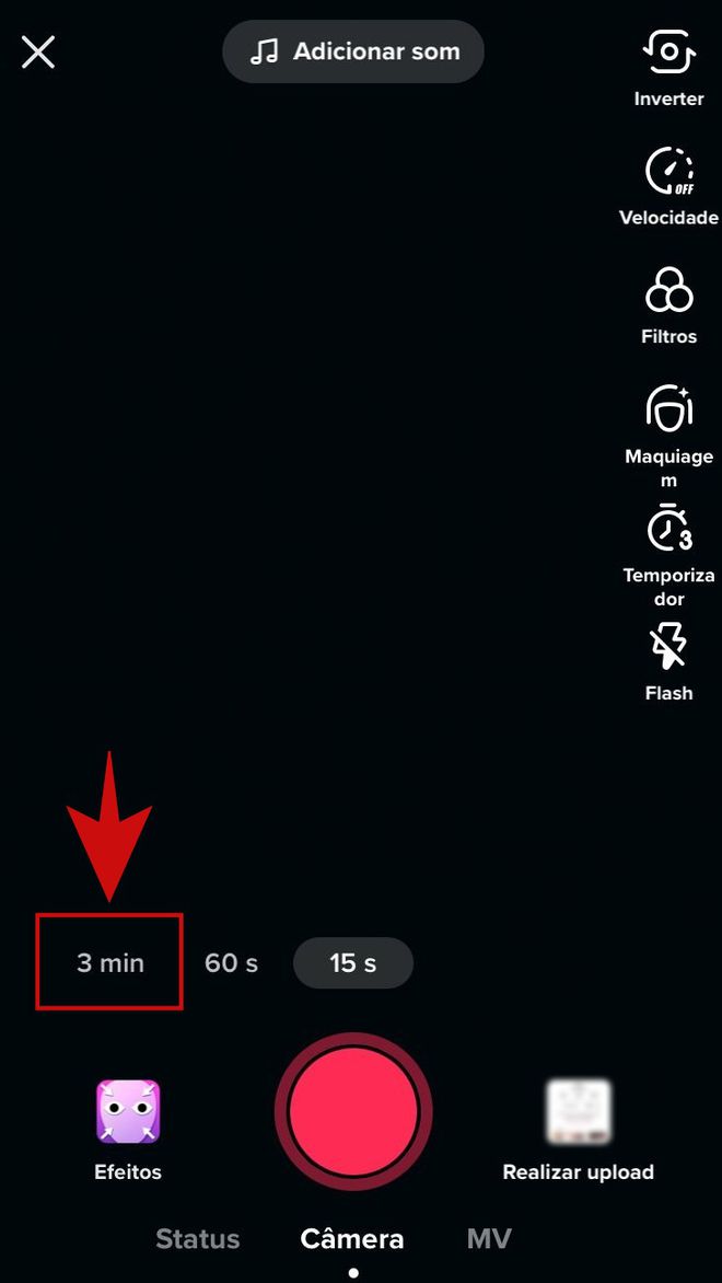 Além da opção de 3 minutos, o usuário pode gravar vídeos de 1 minuto ou 15 segundos. (Imagem: Kris Gaiato/Captura de tela)