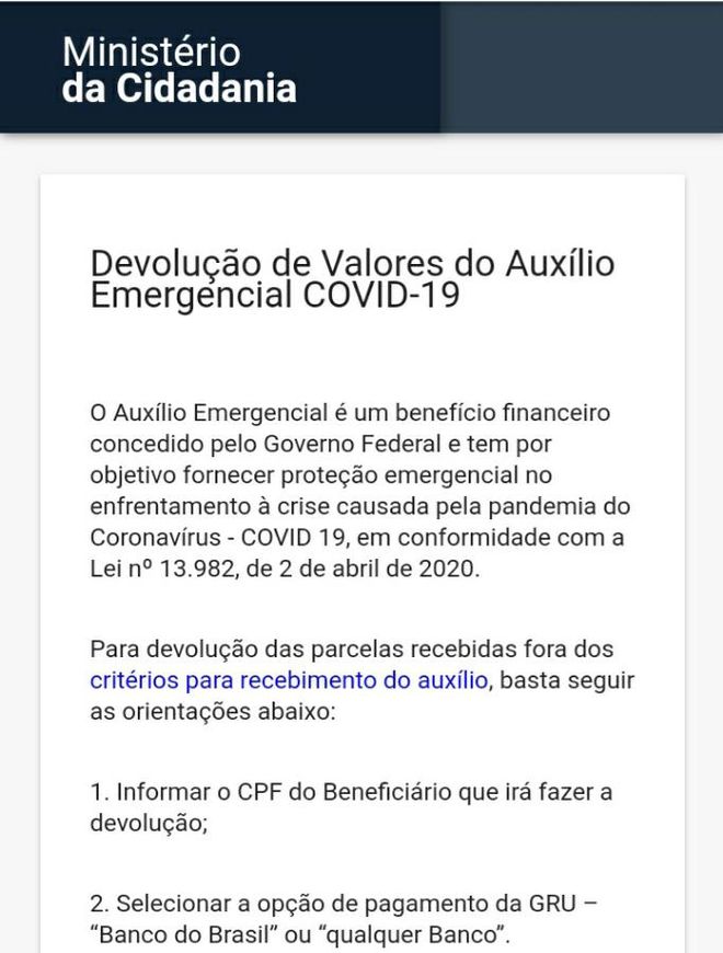 Página inicial do site com as instruções do processo de devolução — Captura:(Reprodução/Felipe Freitas)