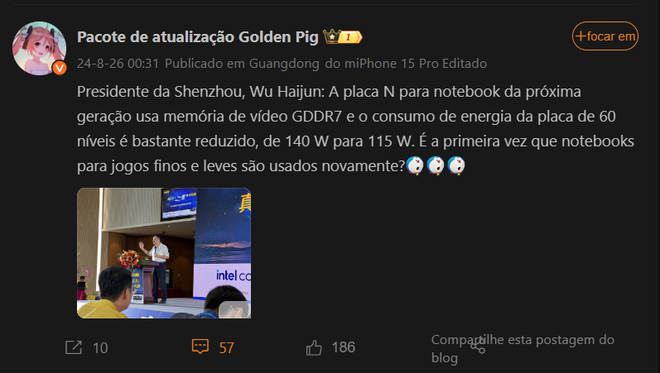 Golden Pig Upgrade profile details announcement made by Hasee CEO about new RTX 5060 GPU for notebooks (Image: Screenshot/Weibo)