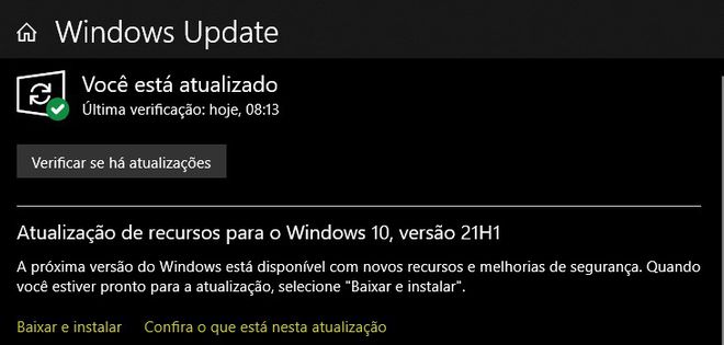 Atualização pode ser feita manualmente via Windows Update (Imagem: Igor Almenara/Canaltech)