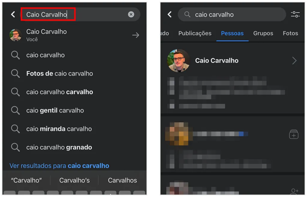 Saber o nome exato da pessoa no Facebook pode ajudar a encontrá-la facilmente (Captura de tela: Caio Carvalho)