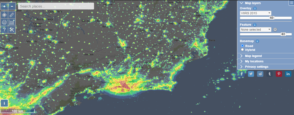 O mapa representa a quantidade de poluição luminosa de acorda com as localidades. Quanto menos luz artificial, melhor a observação (Imagem: Light Pollution Map/Captura de tela)