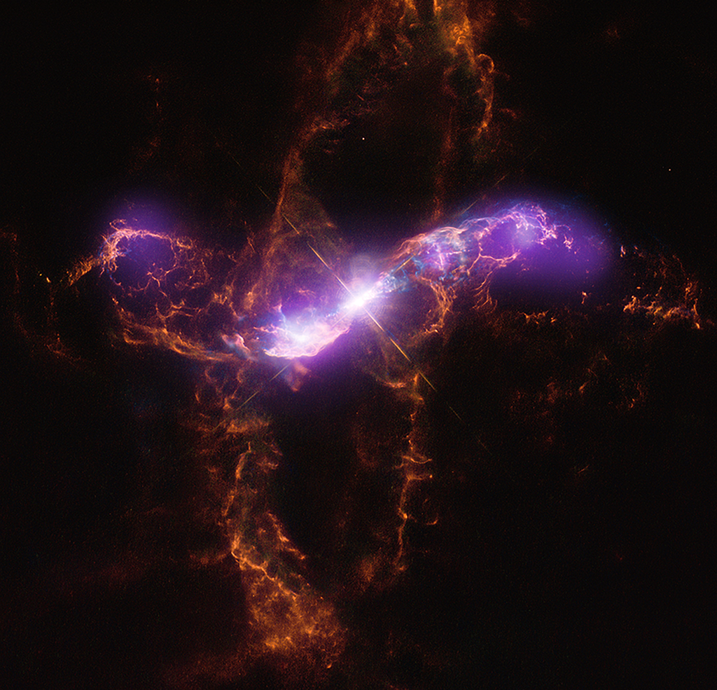 A anã branca e a gigante vermelha de R Aquarii, em raios X, luz visível e quase infravermelha (Imagem: Reprodução/NASA/CXC/SAO/R. Montez et al./NASA/ESA/STScI)