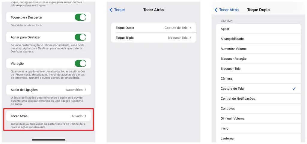 A função de Toques Atrás em seu iPhone facilita a ativação de dois recursos à sua escolha (Captura de tela: Lucas Wetten)
