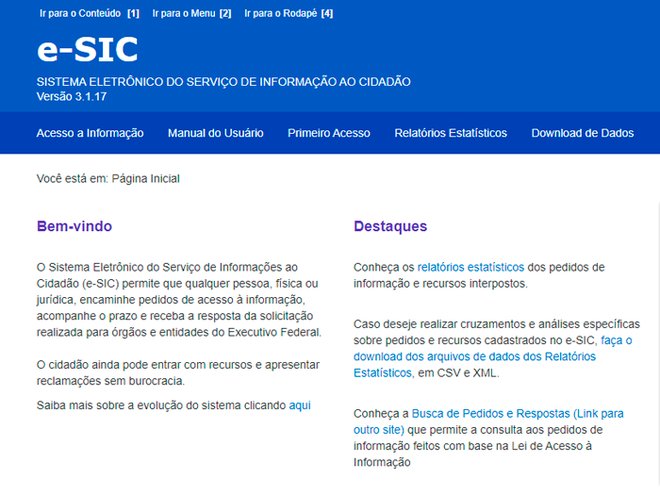 Página inicial do Sistema Eletrônico de Informação ao Cidadão do Governo Federal (Foto: Reprodução/André Magalhães)