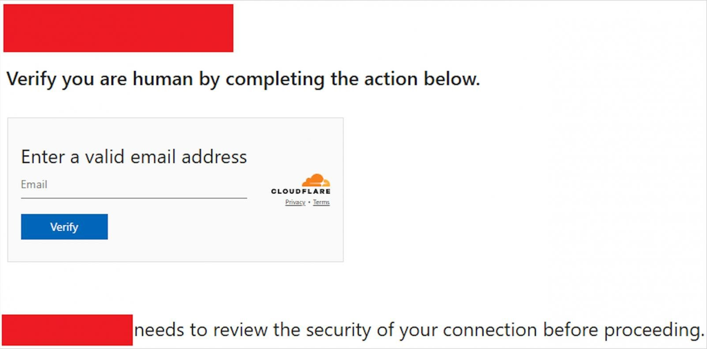 A página de verificação falsa da Cloudflare pediu aos usuários que informassem seu e-mail, tentando burlar a cadeia de autenticação da Microsoft (Imagem: Amazon)