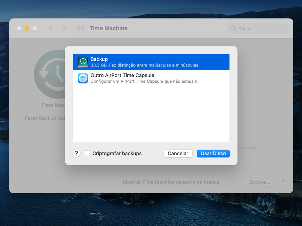 Escolha o disco de backup e, se desejar, criptografe as informações - Captura de tela: Thiago Furquim (Canaltech)