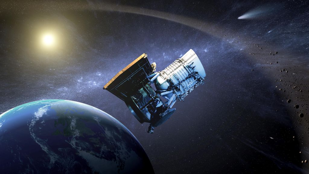 Ilustração do telescópio espacial NEOWISE na órbita da Terra (Imagem: Reprodução/JPL-Caltech)
