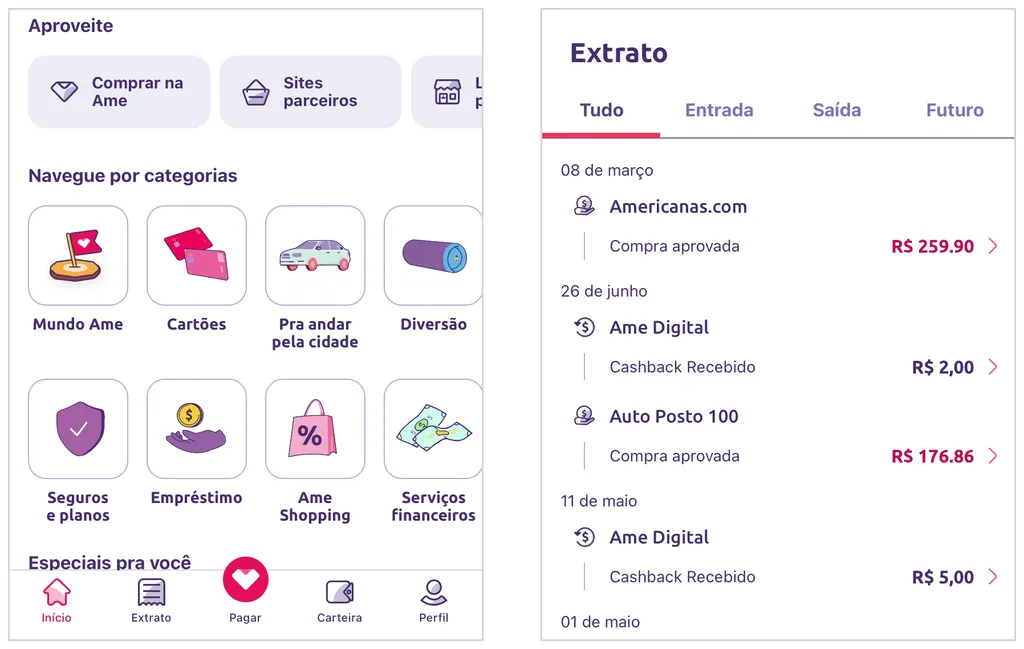 Interface do aplicativo Ame Digital no celular (Captura de tela: André Magalhães)