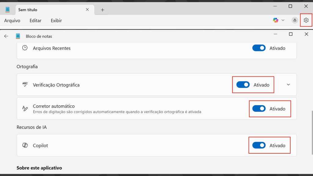 Captura de tela com passos para desativar IA no Bloco de Notas