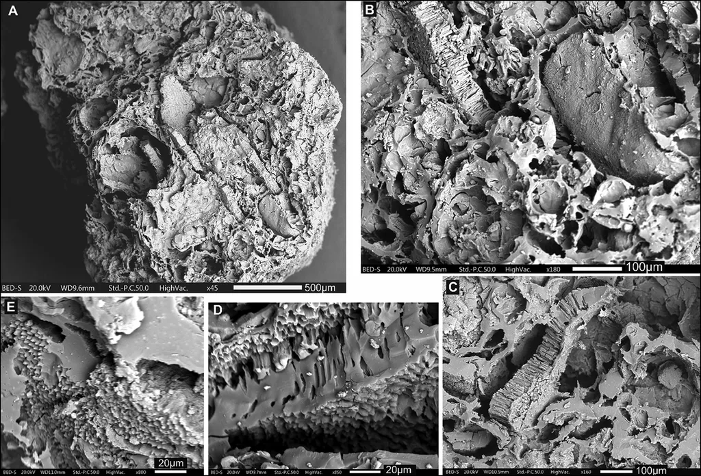Fotos da microscopia eletrônica realizada nos restos de alimentos neandertais: em sua maioria, são leguminosas (Imagem: C. Kabukcu/Antiquity/CC-BY-4.0)