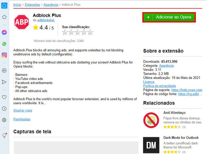 Acesse a página do AdBlock Plus no Opera e clique em "Adicionar ao Opera" (Captura de tela: Matheus Bigogno)