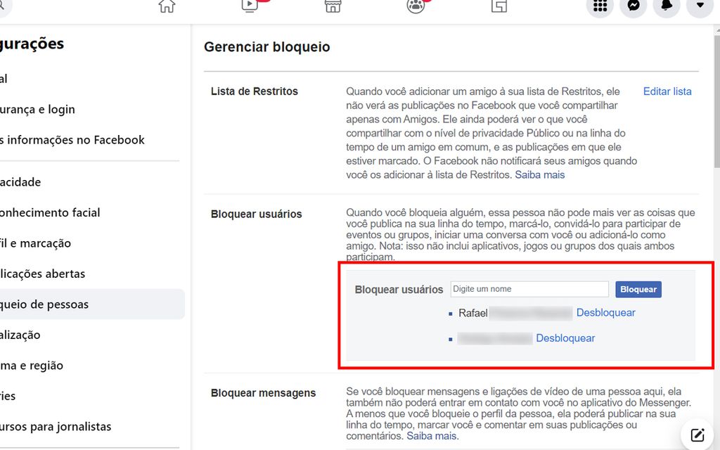 Siga os passos para descobrir como ver pessoas bloqueadas no Facebook (Captura de tela: André Magalhães)