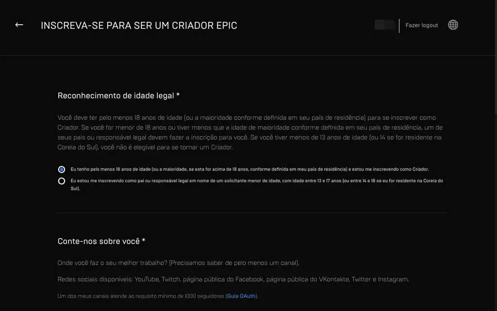 Como ter um código de apoiador no Fortnite: preencha o formulário no site da Epic (Captura de tela: Caio Carvalho)