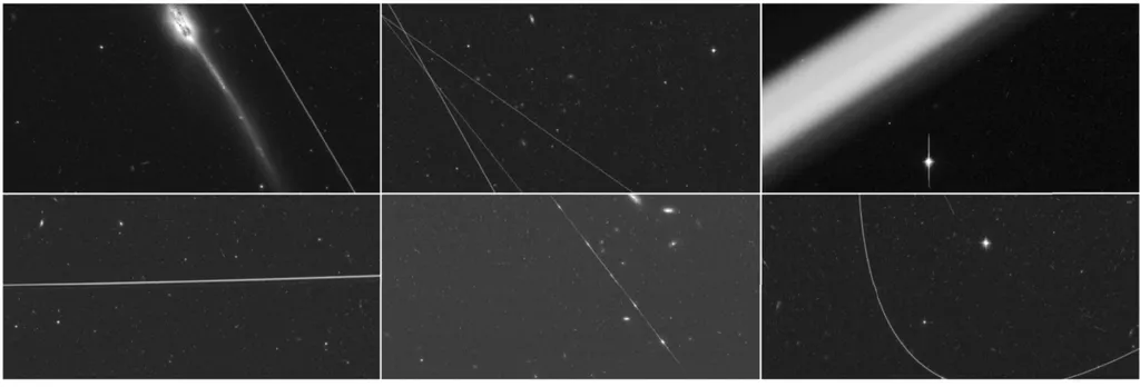 Várias imagens prejudicadas com a passagem de satélites durante a captura. Muitas delas não têm salvação (Imagem: Reprodução/NASA / ESA / Kruk et al.)