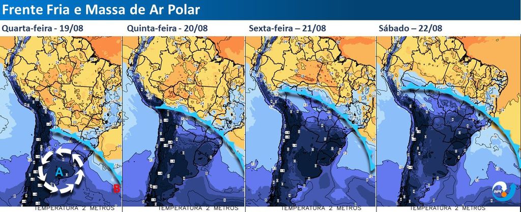 O mapa mostra o avanço da frente fria e da massa de ar polar no país entre os dias 19 e 22 (Imagem: Reprodução/CPTEC)