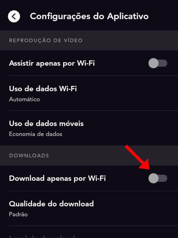 Na aba "Configurações do Aplicativo", desabilite a opção "Download apenas por Wi-Fi" (Captura de tela: Matheus Bigogno)