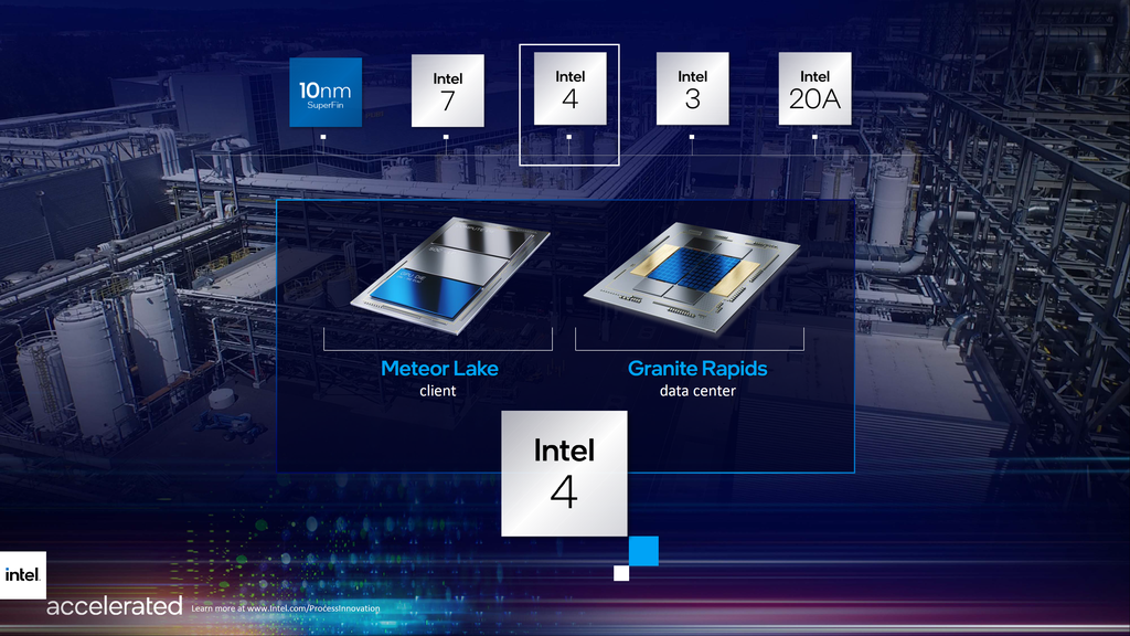 Fabricados no novo processo Intel 4, de 7 nm, os chips Meteor Lake e Granite Rapids estão previstos para chegar em 2023 (Imagem: Divulgação/Intel)