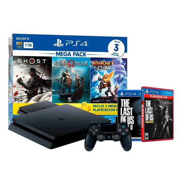 PlayStation 4 1TB + Ghost of Tsushima + God of War + Ratchet & Clank + The Last Of Us Part II + The Last of Us Remastered Hits [CUPOM]