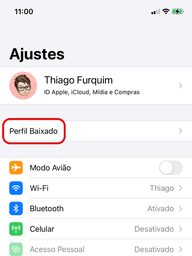 No app "Ajustes", vá na seção "Perfil Baixado" - Captura de tela: Thiago Furquim (Canaltech)