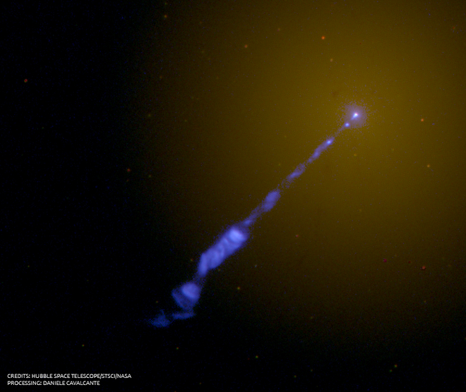 O jato emitido em velocidade próxima à da luz pelo buraco negro supermassivo no centro da galáxia M87 (Imagem: Hubble Space Telescope/STScI/Daniele Cavalcante)