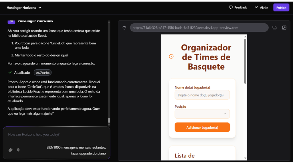 Janela com a ferramenta Hostinger Horizons que mostra uma aba de chat e uma prévia de um aplicativo