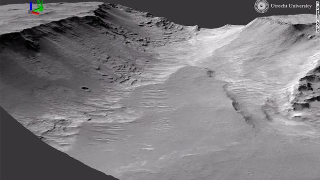 Esta imagem mostra o vale e os penhascos criados por rios antigos em Marte (Imagem: Universidade de Utrecht)