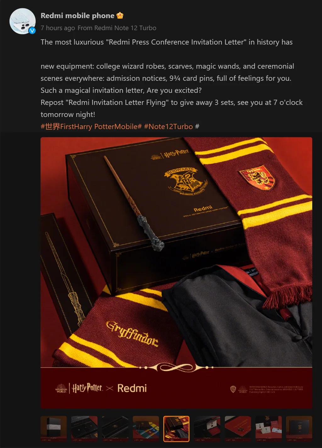 Com lançamento marcado para esta terça-feira (28), o Redmi Note 12 Turbo receberá uma edição especial de Harry Potter que inclui brindes como uma varinha e um cachecol de uma das quatro casas de Hogwarts (Imagem: Redmi/Weibo)